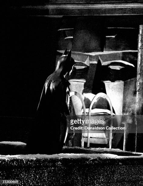 Actor Michael Keaton who is playing Batman on set during the filming of "Batman Returns" in 1991 in Los Angeles, California.