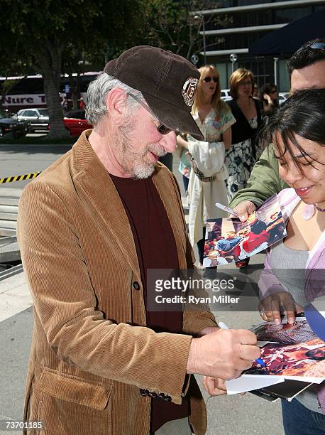 Director Steven Spielberg signs autographs on arriving at the World Premier performance of Lisa Loomer's "Distracted" presented at CTG/Mark Taper...