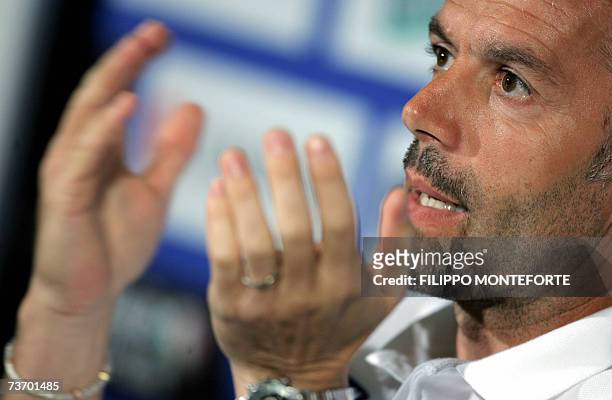 Italian football club trainer Roberto Donadoni speaks during a press conference at Coverciano training ground 26 March 2007. Italy is training prior...