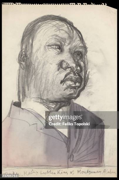American civil rights activist Martin Luther King, Jr. , circa 1965. A sketch by Polish-born British expressionist Feliks Topolski .