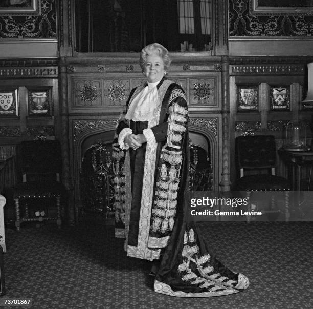 British politician Betty Boothroyd in her Speaker of the House of Commons robes, circa 1995.