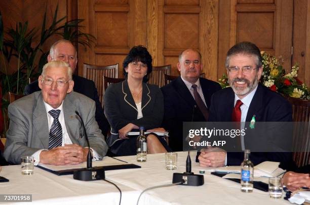 United Kingdom: Democratic Unionists leader Ian Paisley and Sinn Fein chief Gerry Adams speak to the media during a press conference at the Stormont...