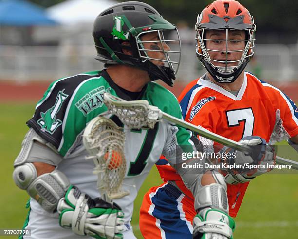 Keith Cromwell of the Long Island Lizards and Kyle Sweeney of the Philadelphia Barrage during a game on June 17, 2006 in Uniondale, New York.
