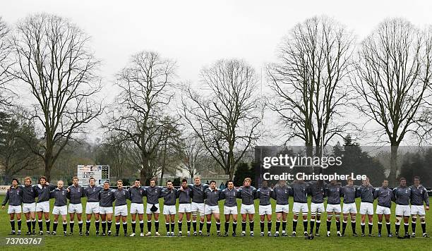 The England team to play France line up for the national anthems prior to kickoff during the International Friendly match between England U18 and...