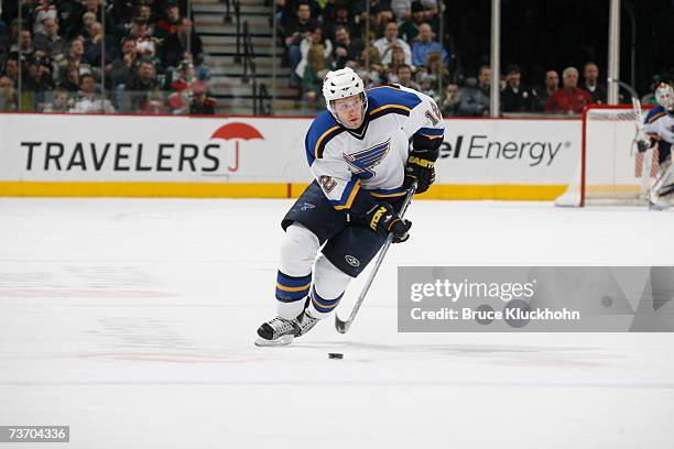 Lee Stempniak of the St. Louis Blues skates against the Minnesota Wild during the game at Xcel Energy Center on March 22, 2007 in Saint Paul,...