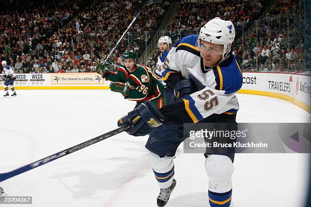 Christian Backman of the St. Louis Blues skates against the Minnesota Wild during the game at Xcel Energy Center on March 22, 2007 in Saint Paul,...