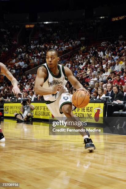 Randy Foye of the Minnesota Timberwolves during the NBA game against the Miami Heat at American Airlines Arena on March 9, 2007 in Miami, Florida....