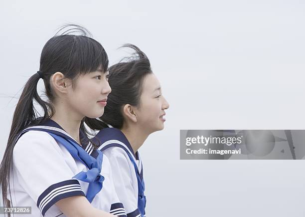 teenagegirls looking far from dock - 学生服 ストックフォトと画像