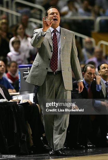 Bill Self of the Kansas Jayhawks calls a play during the west regional final of the NCAA Men's Basketball Tournament against the UCLA Bruins at the...