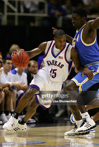 Mario Chalmers of the Kansas Jayhawks handles the ball during the west regional final of the NCAA Men's Basketball Tournament against the UCLA Bruins...