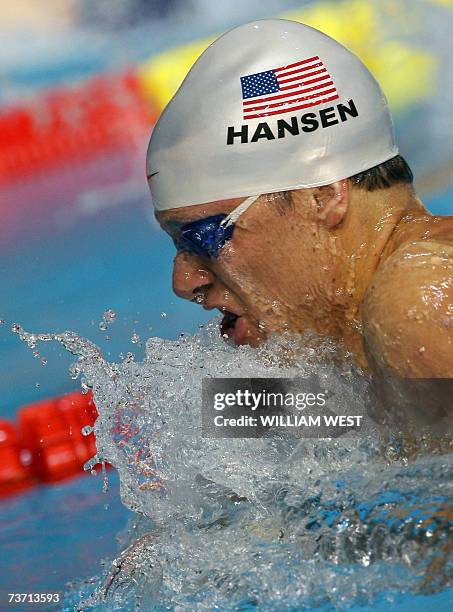 Swimmer Brendan Hansen swims during the men's 50 meter breaststroke preliminary, 27 March 2007 in Melbourne at the 12th FINA World Swimming...