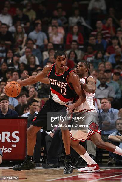 LaMarcus Aldridge of the Portland Trail Blazers posts up against Thabo Sefolosha of the Chicago Bulls on March 26, 2007 at the United Center in...