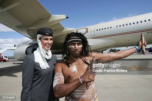 Flight attendant Hayley Currell and Descendance' dancer Moogera attend the launch of the first flight from Etihad Airways, the national airline of...