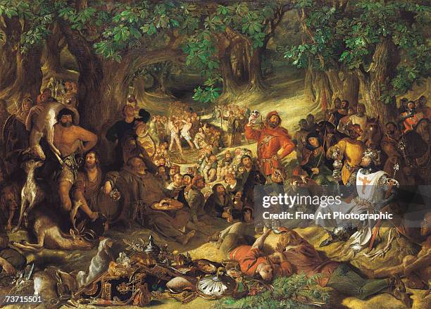 Outlaw and folk hero Robin Hood and his Merry Men entertain King Richard the Lionheart in Sherwood Forest, upon his return from the Crusades. Painted...