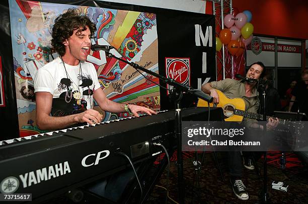 Musician Mika and guitarist Martin Waugh performs at Virgin Records store on March 26, 2007 in Los Angeles, California.
