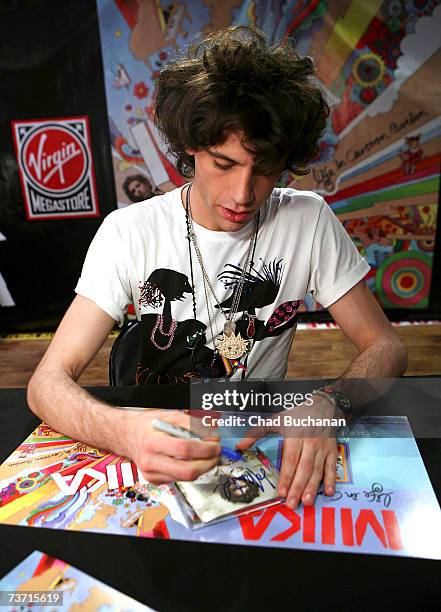 Musician Mika signs autographs at Virgin Records store on March 26, 2007 in Los Angeles, California.