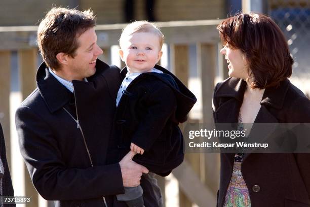 Prince Christian of Denmark arrives with his parents Prince Frederik and Princess Mary for his first day at the nursery school of Queen Louise's...