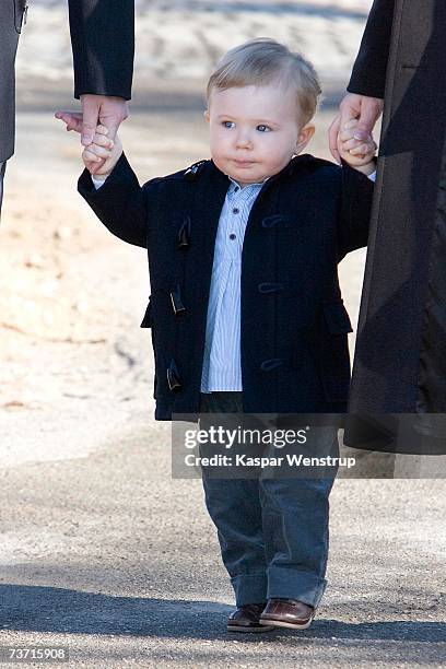 Prince Christian of Denmark arrives with his parents Prince Frederik and Princess Mary for his first day at the nursery school of Queen Louise's...