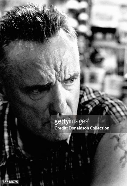 Actor Dennis Hopper on location during filming of the movie "The Indian Runner" in 1989 in Omaha, Nebraska.