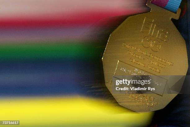 The gold medal of Aaron Peirsol of the United States of America is seen following the medal ceremony for the Men's 100m Backstroke final during the...