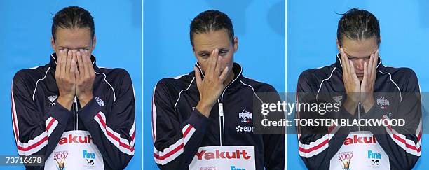 This combo photograph shows silver medalist Laure Manaudou of France on the podium during the medal presentation for the women's 100m backstroke...