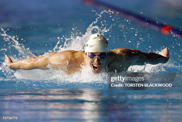 Davis Tarwater of the US is seen during the men's 200 meter butterfly preliminary, 27 March 2007 in Melbourne at the 12th FINA World Swimming...