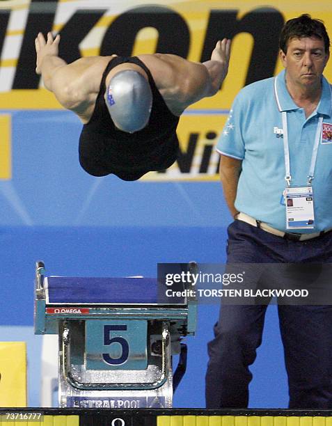 New Zealand Moss Burmester is seen during the men's 200 meter butterfly preliminary, 27 March 2007 in Melbourne at the 12th FINA World Swimming...