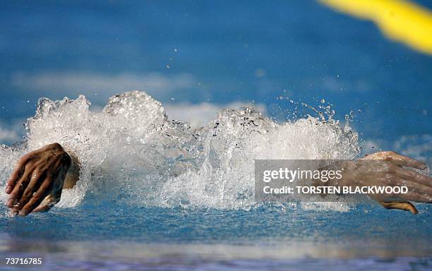 Star swimmer Michael Phelps is seen during the men's 200 meter butterfly preliminary, 27 March 2007 in Melbourne at the 12th FINA World Swimming...