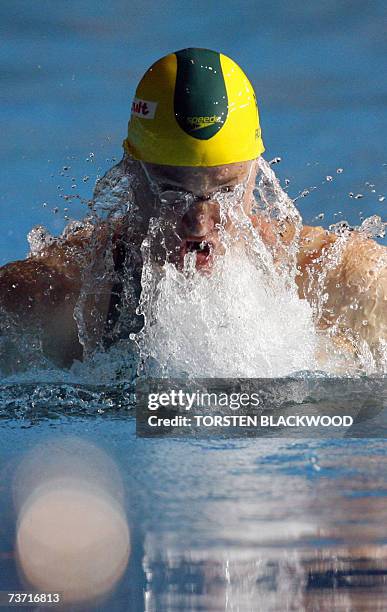 Brenton Rickard of Australia swims during the men's 50 meter breaststroke preliminary, 27 March 2007 in Melbourne at the 12th FINA World Swimming...