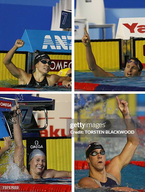 This combo picture shows Natalie Coughlin of the US, Aaron Peirsol of the US, Federica Pellegrini of Italy, and Michael Phelps of the US, celebrating...