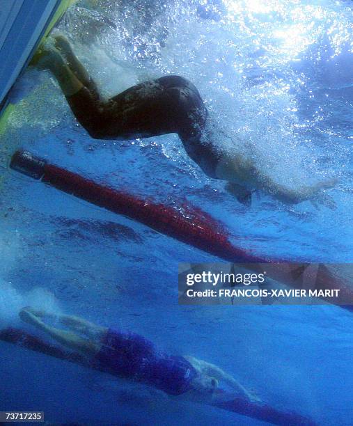 Underwater image showing French Laure Manaudou and Swedish Josefin Lillhage during their 200 freestyle semifinal 27 March 2007 at the 12th FINA World...