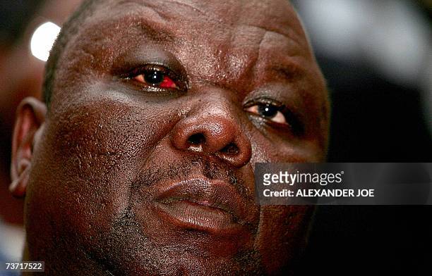 Zimbabwe opposition leader Morgan Tsvangirai gives 27 March 2007 his first public address in Harare since he was arrested and then assaulted while...