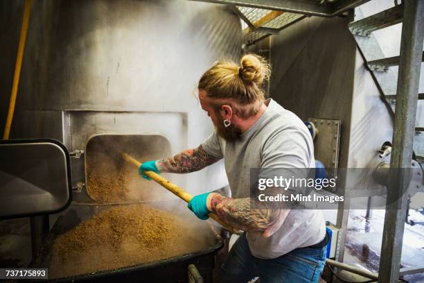 man scraping spent grain from a large kettle in a brewery. - brauerei stock-fotos und bilder