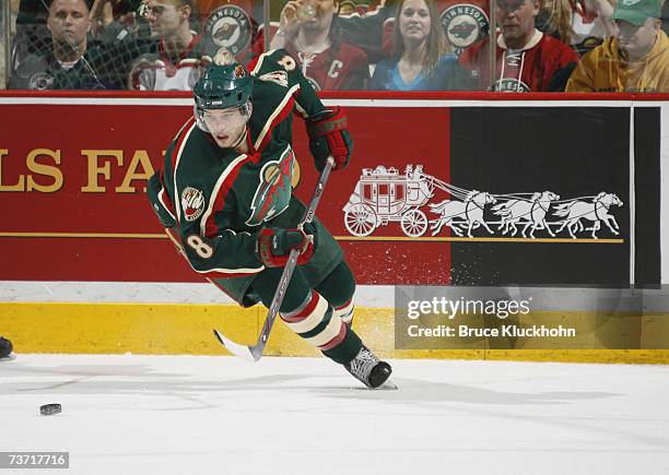 Brent Burns of the Minnesota Wild skates against the Los Angeles Kings during the game at Xcel Energy Center on March 24, 2007 in Saint Paul,...