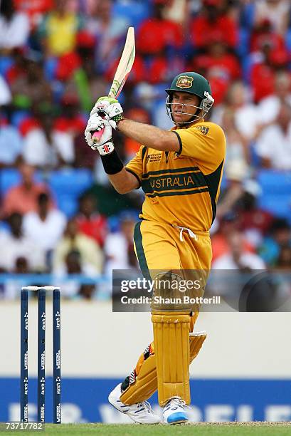 Matthew Hayden of Australia plays a shot during the ICC Cricket World Cup 2007 Super Eight match between Australia and West Indies at the Sir Vivian...