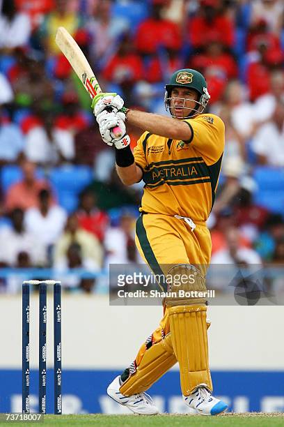 Matthew Hayden of Australia plays a shot during the ICC Cricket World Cup 2007 Super Eight match between Australia and West Indies at the Sir Vivian...