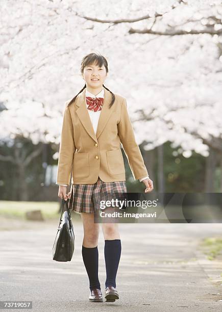 teenagegirl walking under cherry blossom trees - japanese short skirts stockfoto's en -beelden