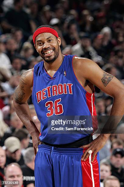 Rasheed Wallace of the Detroit Pistons smiles during a break in game action against the Portland Trail Blazers at the Rose Garden on March 14, 2007...