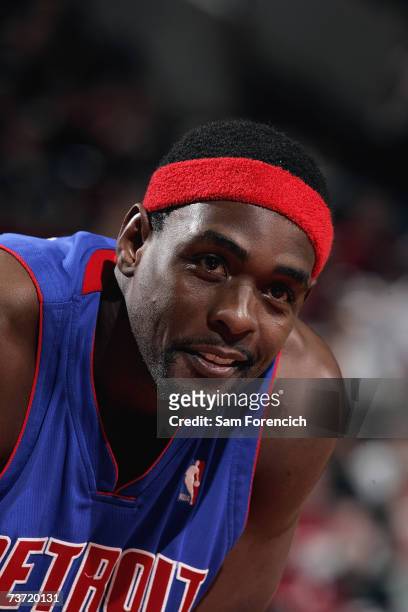 Chris Webber of the Detroit Pistons looks on during a break in game action against the Portland Trail Blazers at the Rose Garden on March 14, 2007 in...