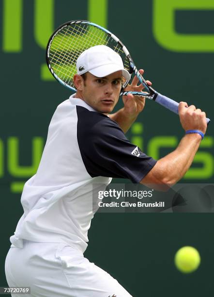 Andy Roddick returns to David Ferrer of Spain during day seven at the 2007 Sony Ericsson Open at the Tennis Center at Crandon Park on March 27, 2007...