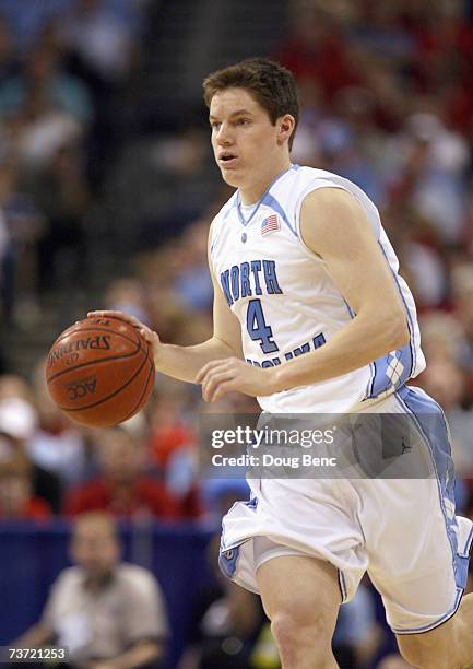 Bobby Frasor of the North Carolina Tar Heels drives the ball against the North Carolina State Wolfpack in the ACC Men's Basketball Tournament...