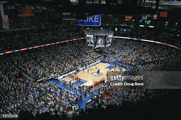 The veiw from above as the North Carolina State Wolfpack tip-off against the North Carolina Tar Heels in the ACC Men's Basketball Tournament...