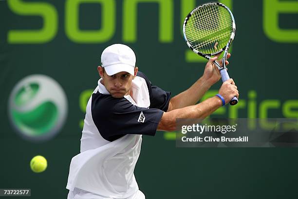 Andy Roddick returns to David Ferrer of Spain during day seven at the 2007 Sony Ericsson Open at the Tennis Center at Crandon Park on March 27, 2007...