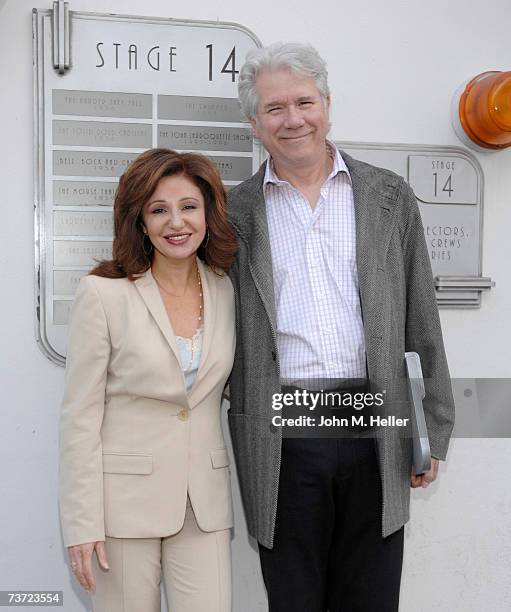 Terri Melkonian of Sunset Gower Studios and John Larroquette pose at the Sunset Gower Studios on March 27, 2007 in Hollywood, California.