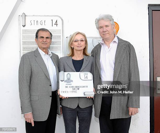 Sunset Gower Studio CEO Robert Papazian presents John Larroquette and his wife Elizabeth Larroquette with a plaque commemorating The John Larroquette...
