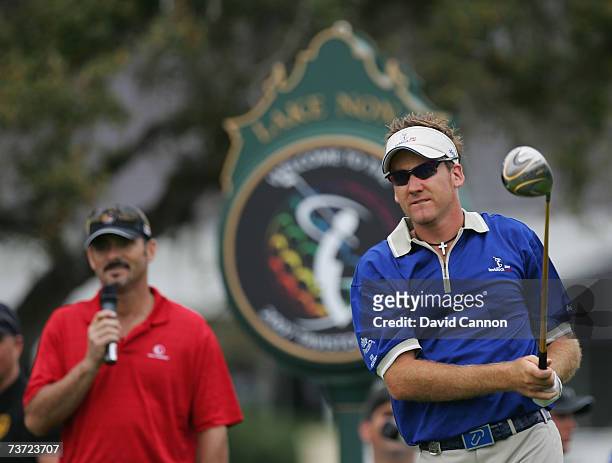 Ian Poulter of England drives at the 1st tee during the second day of the 2007 Tavistock Cup held at the Lake Nona Golf Club on March 27, 2007 in...