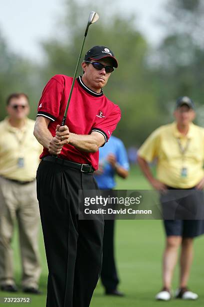 Nick O'Hern of Australia hits his second shot to the par 4, 18th hole during the second day of the 2007 Tavistock Cup held at the Lake Nona Golf Club...