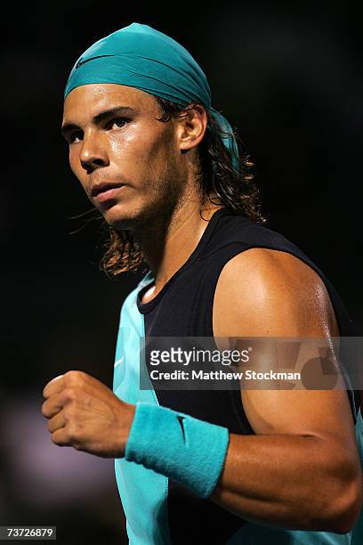 Rafael Nadal of Spain reacts during his match against Juan Martin Del Porto during day seven at the 2007 Sony Ericsson Open at the Tennis Center at...