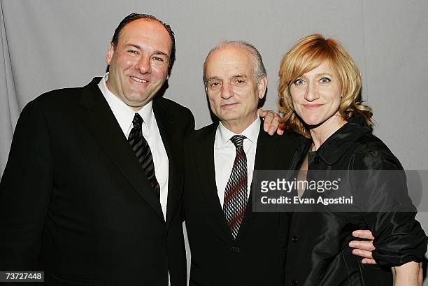 Actor James Gandolfini, creator and executive producer David Chase and actress Edie Falco attend the HBO premiere after party for "The Sopranos" at...