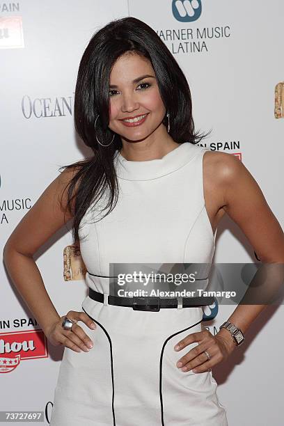 Paola Varela poses on the red carpet during arrivals for Miguel Bose's "Papito" CD release party at Mokai on March 27, 2007 in Miami Beach, Florida.